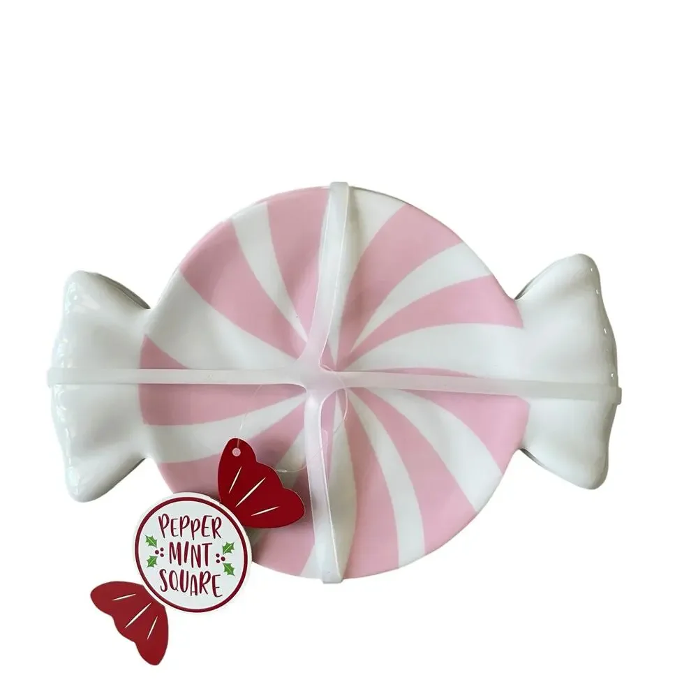 Peppermint Candy Shaped Melamine Christmas Appetizer Plate Set 4 PINK & White